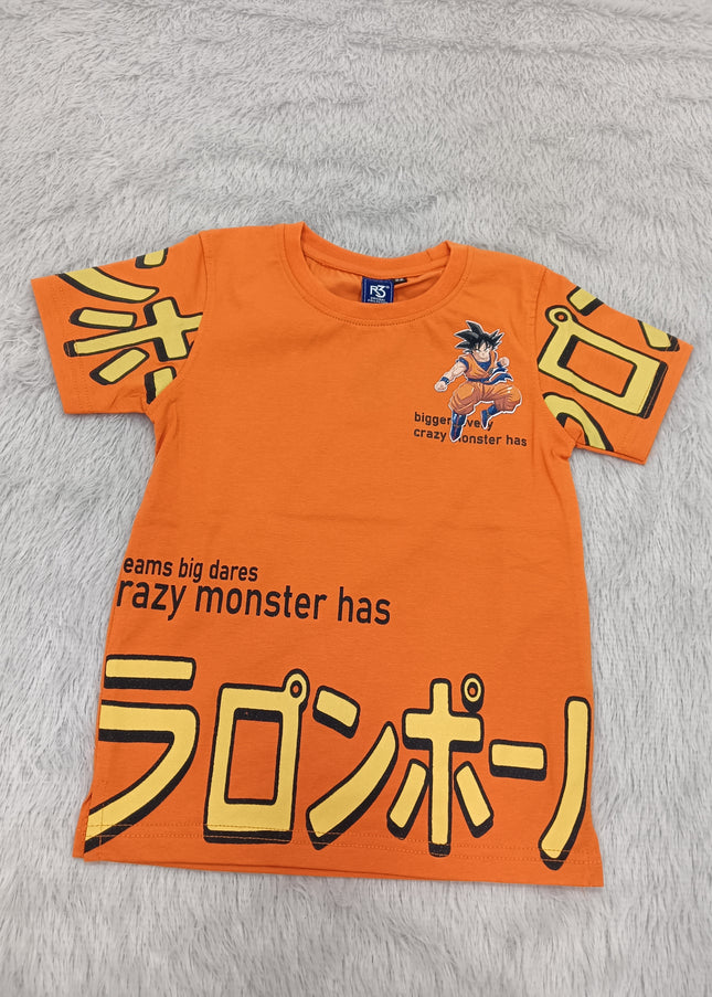 BOYS TSHIRT CODE-A147He and She Boys Orange Anime Inspired Graphic Printed Cotton T-Shirt | Casual Half Sleeve Round Neck Kids Tee