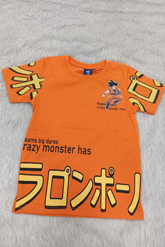 BOYS TSHIRT CODE-A147He and She Boys Orange Anime Inspired Graphic Printed Cotton T-Shirt | Casual Half Sleeve Round Neck Kids Tee