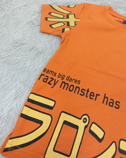 BOYS TSHIRT CODE-A147He and She Boys Orange Anime Inspired Graphic Printed Cotton T-Shirt | Casual Half Sleeve Round Neck Kids Tee