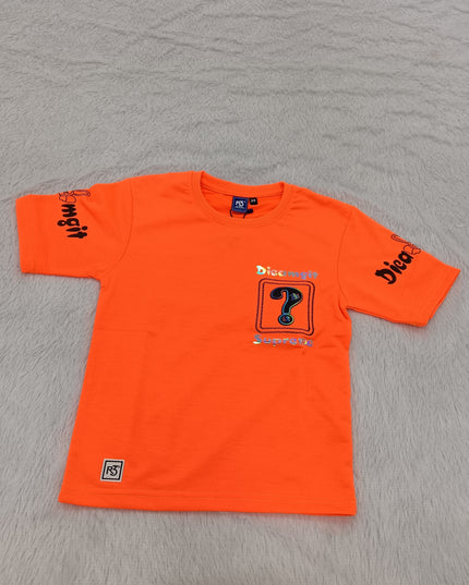 BOYS TSHIRT CODE-A151He and She Boys Neon Orange Graphic Printed Cotton T-Shirt | Casual Half Sleeve Round Neck Kids Tee