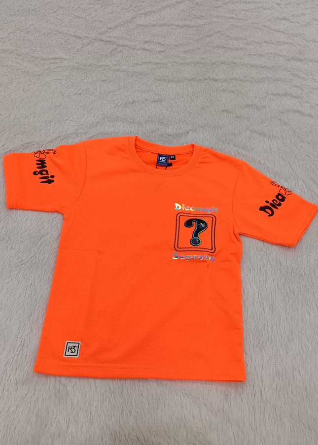 BOYS TSHIRT CODE-A151He and She Boys Neon Orange Graphic Printed Cotton T-Shirt | Casual Half Sleeve Round Neck Kids Tee