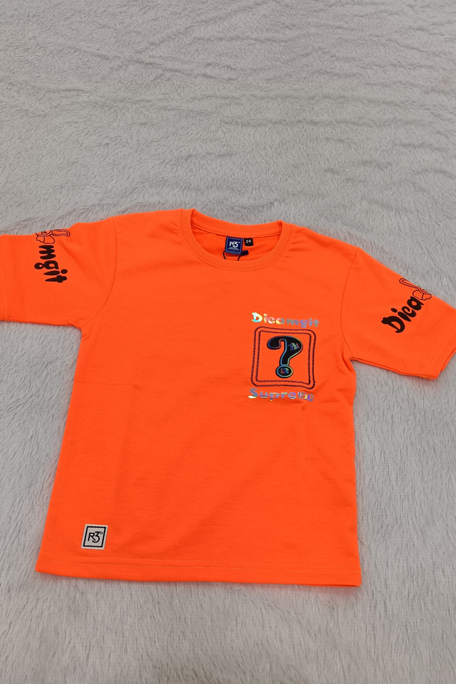 BOYS TSHIRT CODE-A151He and She Boys Neon Orange Graphic Printed Cotton T-Shirt | Casual Half Sleeve Round Neck Kids Tee