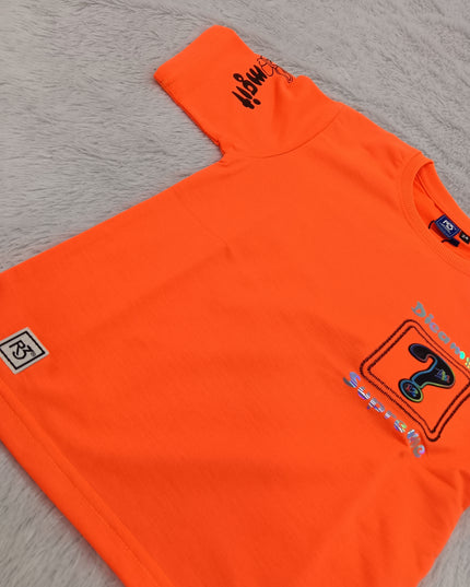BOYS TSHIRT CODE-A151He and She Boys Neon Orange Graphic Printed Cotton T-Shirt | Casual Half Sleeve Round Neck Kids Tee
