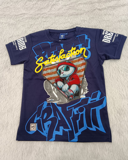 BOYS TSHIRT CODE-A153He and She Boys Navy Blue Graphic Printed Cotton T-Shirt | Casual Half Sleeve Round Neck Kids Tee