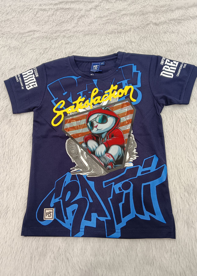 BOYS TSHIRT CODE-A153He and She Boys Navy Blue Graphic Printed Cotton T-Shirt | Casual Half Sleeve Round Neck Kids Tee