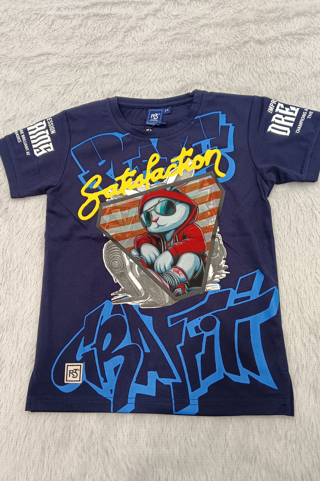 BOYS TSHIRT CODE-A153He and She Boys Navy Blue Graphic Printed Cotton T-Shirt | Casual Half Sleeve Round Neck Kids Tee