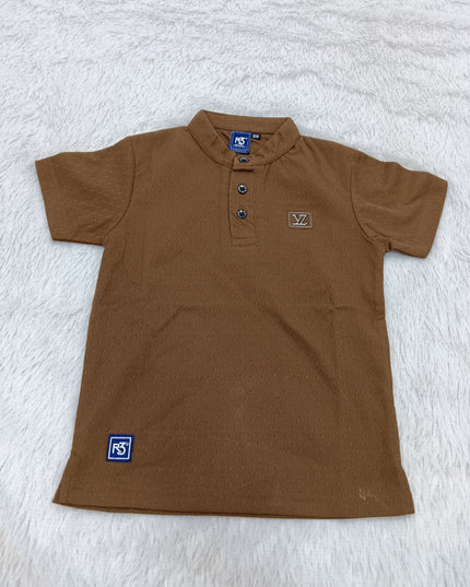 BOYS TSHIRT CODE-A144 He And She Boys Brown Mandarin Collar Cotton T-Shirt | Half Sleeve Casual Kids Wear | Premium Summer T-Shirt