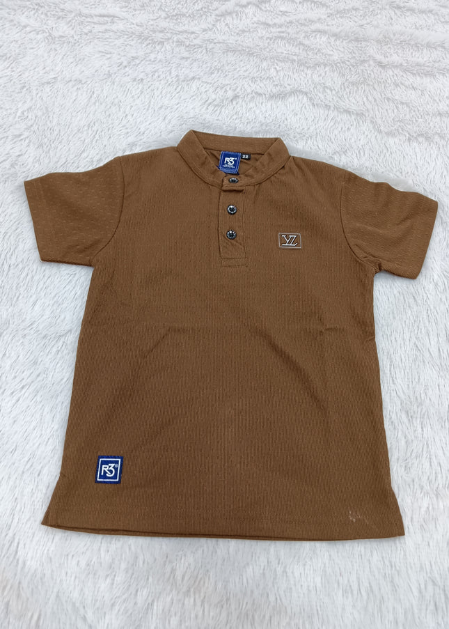 BOYS TSHIRT CODE-A144 He And She Boys Brown Mandarin Collar Cotton T-Shirt | Half Sleeve Casual Kids Wear | Premium Summer T-Shirt