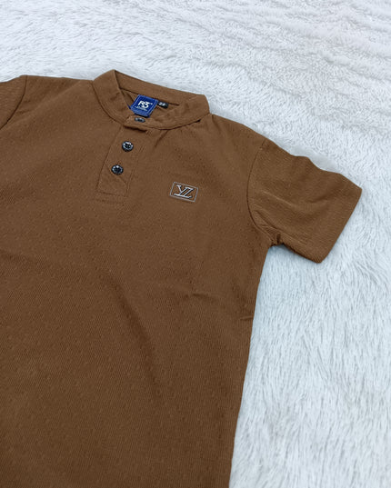 BOYS TSHIRT CODE-A144 He And She Boys Brown Mandarin Collar Cotton T-Shirt | Half Sleeve Casual Kids Wear | Premium Summer T-Shirt