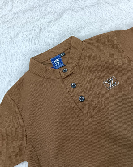 BOYS TSHIRT CODE-A144 He And She Boys Brown Mandarin Collar Cotton T-Shirt | Half Sleeve Casual Kids Wear | Premium Summer T-Shirt
