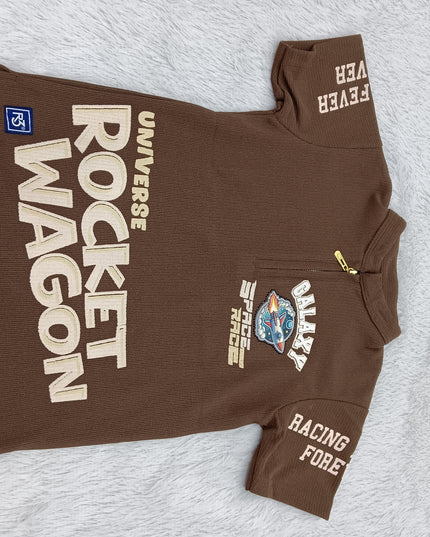 BOYS TSHIRT CODE-A152He and She Boys Brown Graphic Half Zip T-Shirt | Premium Cotton Blend Casual Kids Tee