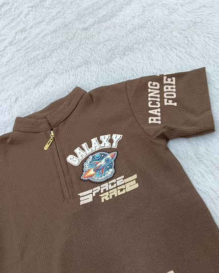 BOYS TSHIRT CODE-A152He and She Boys Brown Graphic Half Zip T-Shirt | Premium Cotton Blend Casual Kids Tee