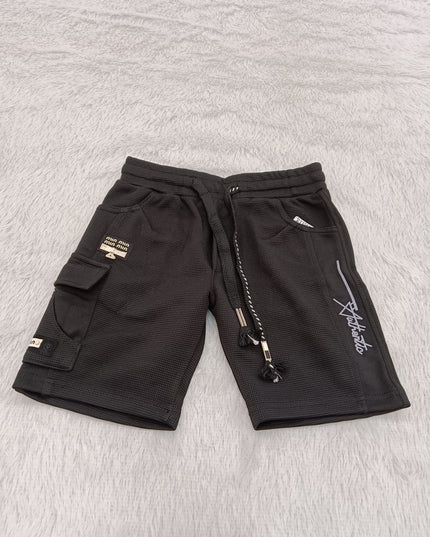 BOYS SHORT  CODE-A139 Boys Textured Cargo Shorts with Drawstring – Black & Grey