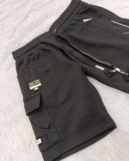 BOYS SHORT  CODE-A139 Boys Textured Cargo Shorts with Drawstring – Black & Grey