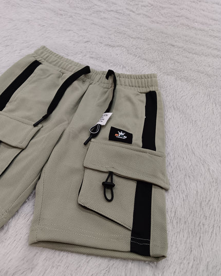 BOYS SHORT CODE-A138 Boys Premium Cargo Shorts with Utility Pockets – Grey & Pista
