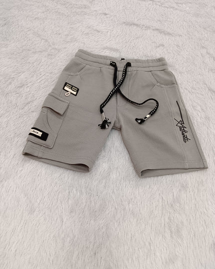 BOYS SHORT  CODE-A139 Boys Textured Cargo Shorts with Drawstring – Black & Grey