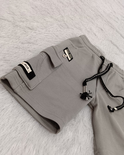 BOYS SHORT  CODE-A139 Boys Textured Cargo Shorts with Drawstring – Black & Grey