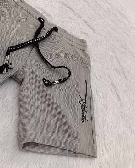 BOYS SHORT  CODE-A139 Boys Textured Cargo Shorts with Drawstring – Black & Grey
