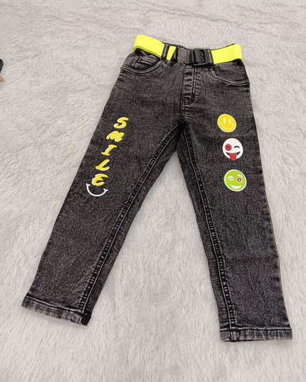 BOYS JEANS CODE-A142 Boys Black Acid Wash Smile Print Jeans with Neon Belt