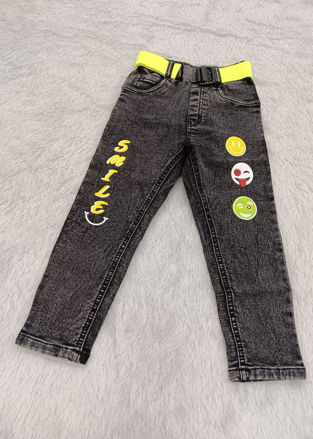 BOYS JEANS CODE-A142 Boys Black Acid Wash Smile Print Jeans with Neon Belt
