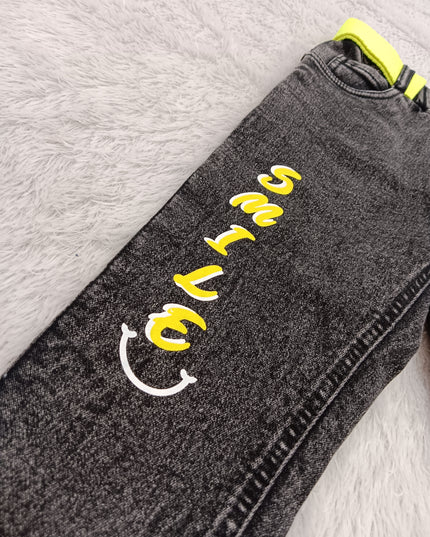 BOYS JEANS CODE-A142 Boys Black Acid Wash Smile Print Jeans with Neon Belt