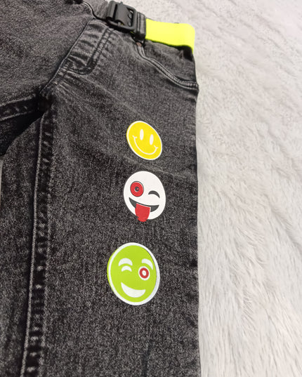 BOYS JEANS CODE-A142 Boys Black Acid Wash Smile Print Jeans with Neon Belt