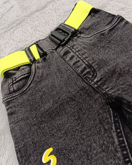 BOYS JEANS CODE-A142 Boys Black Acid Wash Smile Print Jeans with Neon Belt