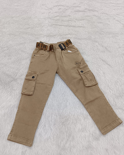 BOYS JEANS CODE-A140 Boys Beige Cargo Jeans with Utility Pockets & Belt – Stylish Casual Wear
