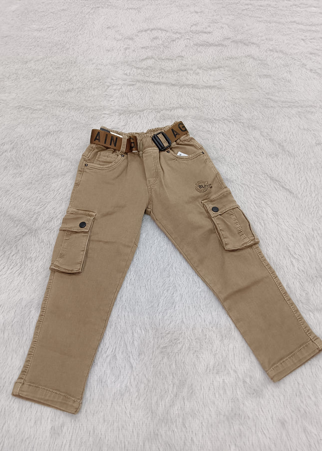 BOYS JEANS CODE-A140 Boys Beige Cargo Jeans with Utility Pockets & Belt – Stylish Casual Wear