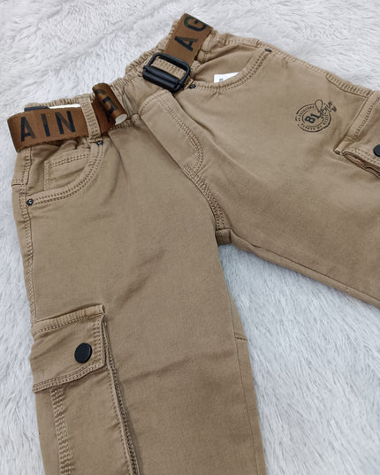 BOYS JEANS CODE-A140 Boys Beige Cargo Jeans with Utility Pockets & Belt – Stylish Casual Wear