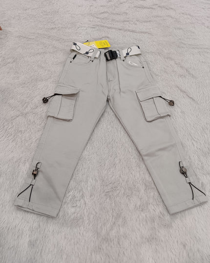 BOYS JEANS CODE-A141 Boys Stylish Cargo Pants with Belt & Utility Pockets – Off-White & Sage Green