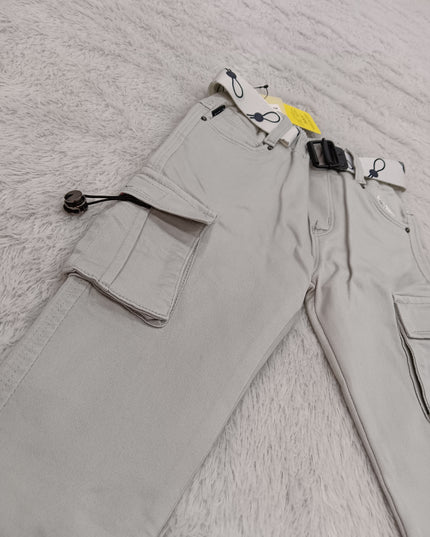 BOYS JEANS CODE-A141 Boys Stylish Cargo Pants with Belt & Utility Pockets – Off-White & Sage Green