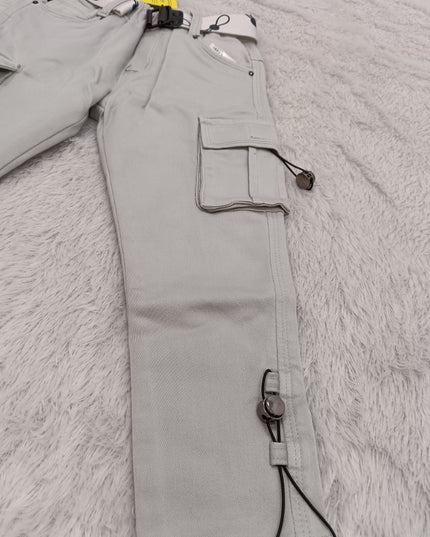 BOYS JEANS CODE-A141 Boys Stylish Cargo Pants with Belt & Utility Pockets – Off-White & Sage Green