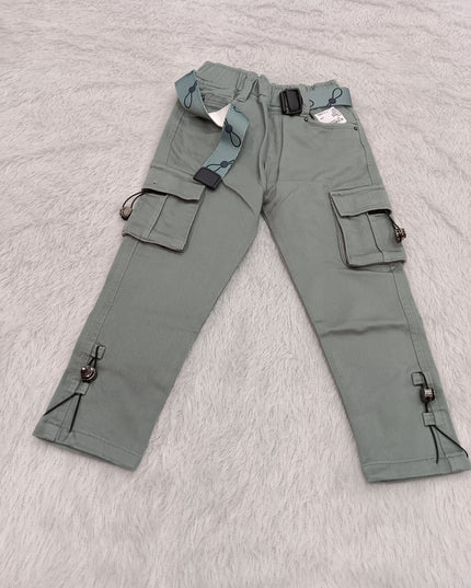 BOYS JEANS CODE-A141 Boys Stylish Cargo Pants with Belt & Utility Pockets – Off-White & Sage Green