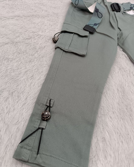 BOYS JEANS CODE-A141 Boys Stylish Cargo Pants with Belt & Utility Pockets – Off-White & Sage Green