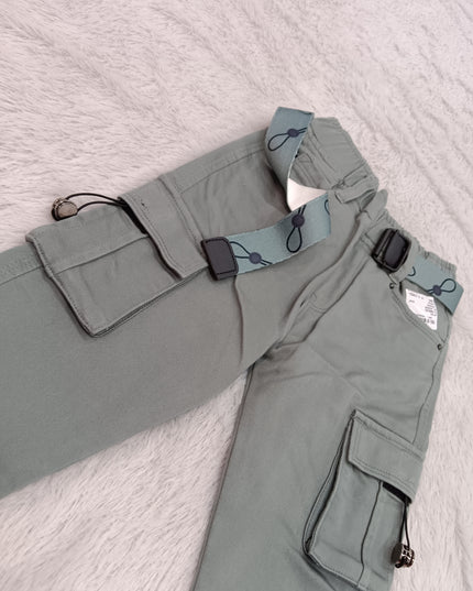 BOYS JEANS CODE-A141 Boys Stylish Cargo Pants with Belt & Utility Pockets – Off-White & Sage Green