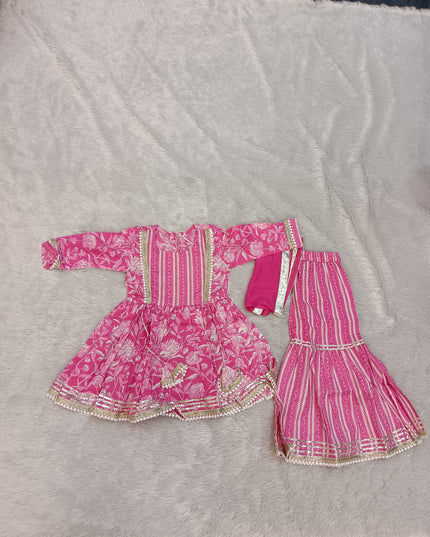 GIRLS GHARARA CODE-A154 Girls Pink Floral Printed Kurti Garara Palazzo Set with Dupatta | Ethnic Wear for Kids | He And She