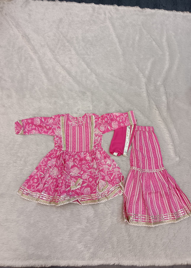 GIRLS GHARARA CODE-A154 Girls Pink Floral Printed Kurti Garara Palazzo Set with Dupatta | Ethnic Wear for Kids | He And She