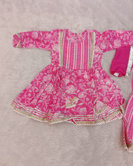 GIRLS GHARARA CODE-A154 Girls Pink Floral Printed Kurti Garara Palazzo Set with Dupatta | Ethnic Wear for Kids | He And She