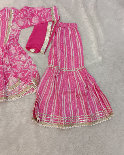 GIRLS GHARARA CODE-A154 Girls Pink Floral Printed Kurti Garara Palazzo Set with Dupatta | Ethnic Wear for Kids | He And She