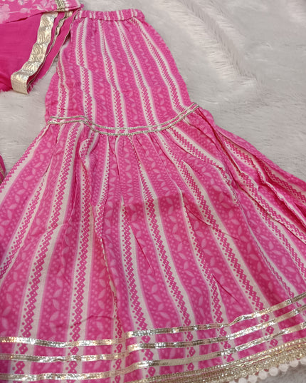 GIRLS GHARARA CODE-A154 Girls Pink Floral Printed Kurti Garara Palazzo Set with Dupatta | Ethnic Wear for Kids | He And She