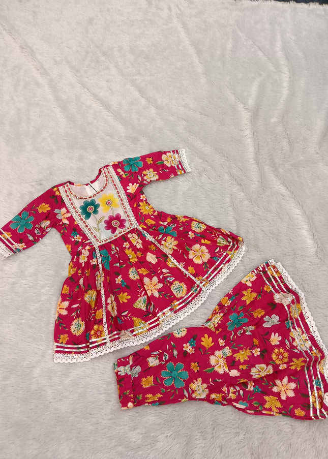 GIRLS GHARARA CODE-A155 Girls Floral Printed Garara Palazzo Set with Embroidered Kurti | Ethnic Wear for Kids | Pink Festive Outfit