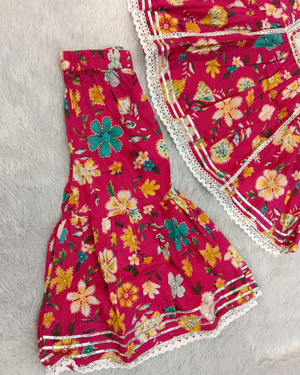 GIRLS GHARARA CODE-A155 Girls Floral Printed Garara Palazzo Set with Embroidered Kurti | Ethnic Wear for Kids | Pink Festive Outfit