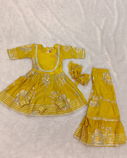 GIRLS GHARARA CODE-A157 Girls Mustard Yellow Floral Kurta Sharara Set with Matching Scrunchie | Ethnic Festive Wear