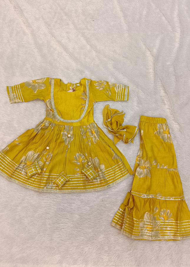 GIRLS GHARARA CODE-A157 Girls Mustard Yellow Floral Kurta Sharara Set with Matching Scrunchie | Ethnic Festive Wear
