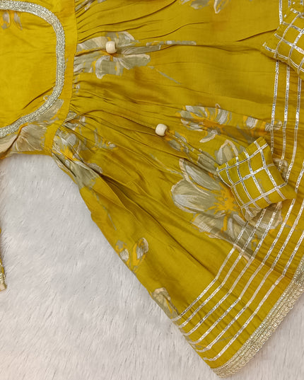 GIRLS GHARARA CODE-A157 Girls Mustard Yellow Floral Kurta Sharara Set with Matching Scrunchie | Ethnic Festive Wear
