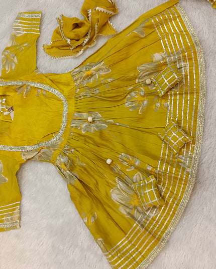 GIRLS GHARARA CODE-A157 Girls Mustard Yellow Floral Kurta Sharara Set with Matching Scrunchie | Ethnic Festive Wear