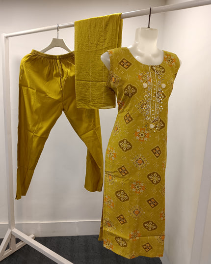 LADIES KURTI SET CODE-A174 Women's Mustard Printed Sleeveless Kurti with Straight Pant & Dupatta Set | Ethnic Wear | He and She