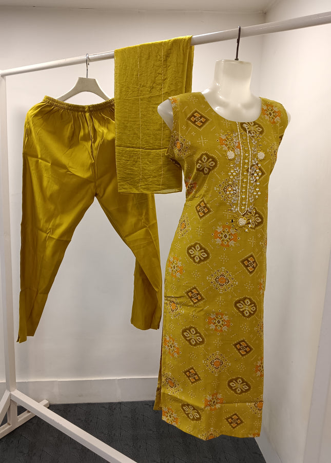 LADIES KURTI SET CODE-A174 Women's Mustard Printed Sleeveless Kurti with Straight Pant & Dupatta Set | Ethnic Wear | He and She
