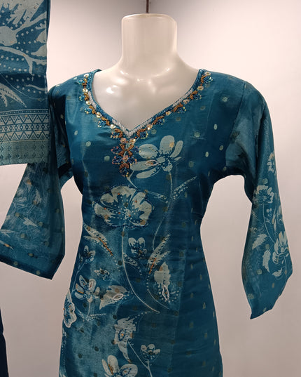 LADIES KURTI SET CODE-A175 He and She Women's Teal Floral Printed Straight Kurti with Straight Pajama & Dupatta | Ethnic 3-Piece Set